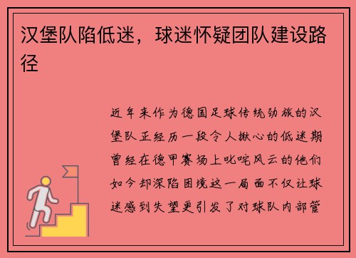 汉堡队陷低迷，球迷怀疑团队建设路径